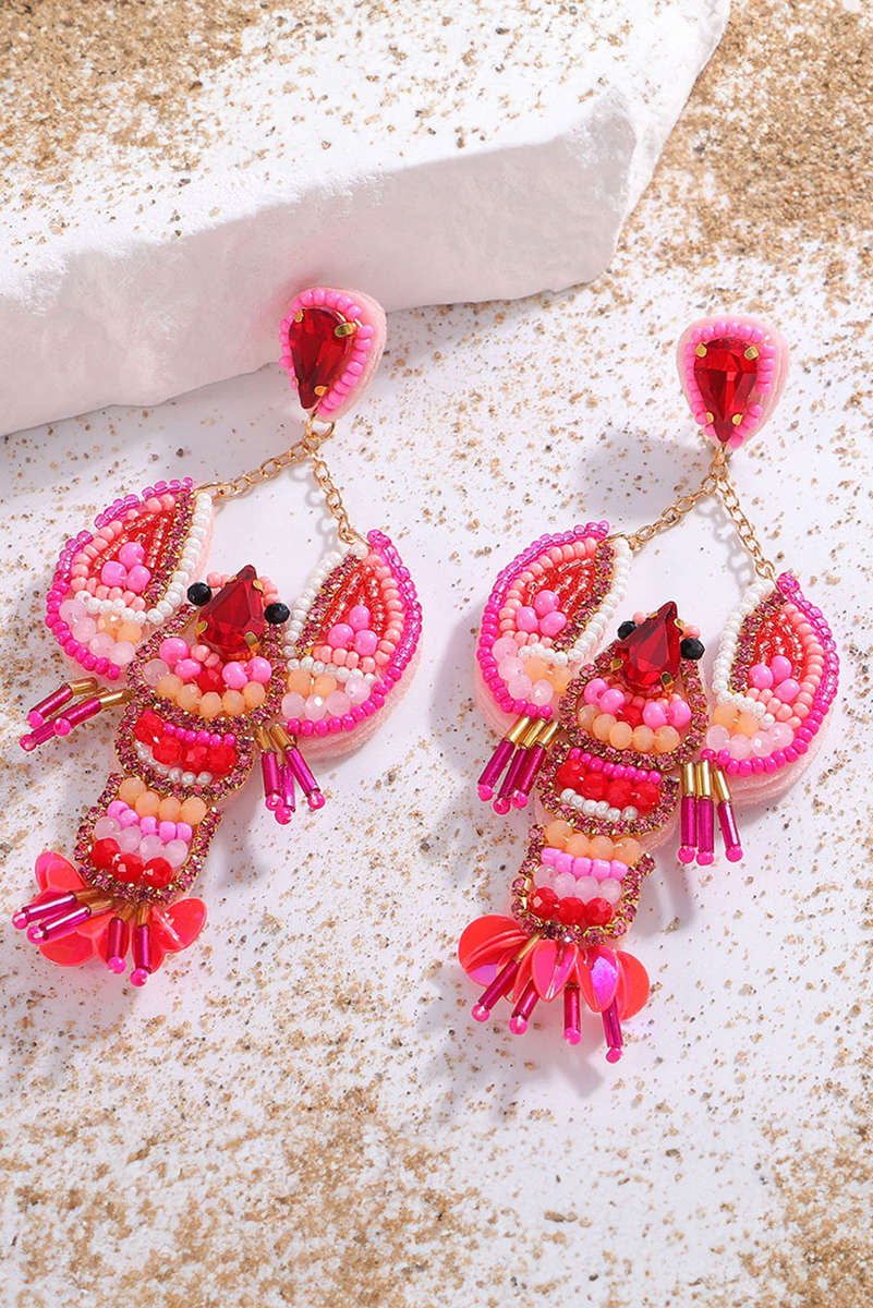 Rose Red Crystal Gem Beaded Crayfish Earrings
