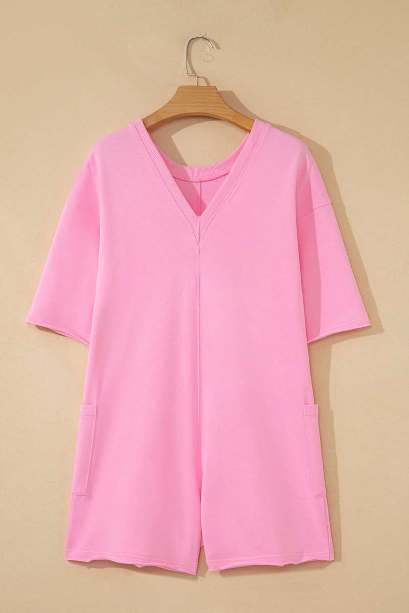 Pink Solid Color Raw Edge Half Sleeve Pocketed Loose Romper