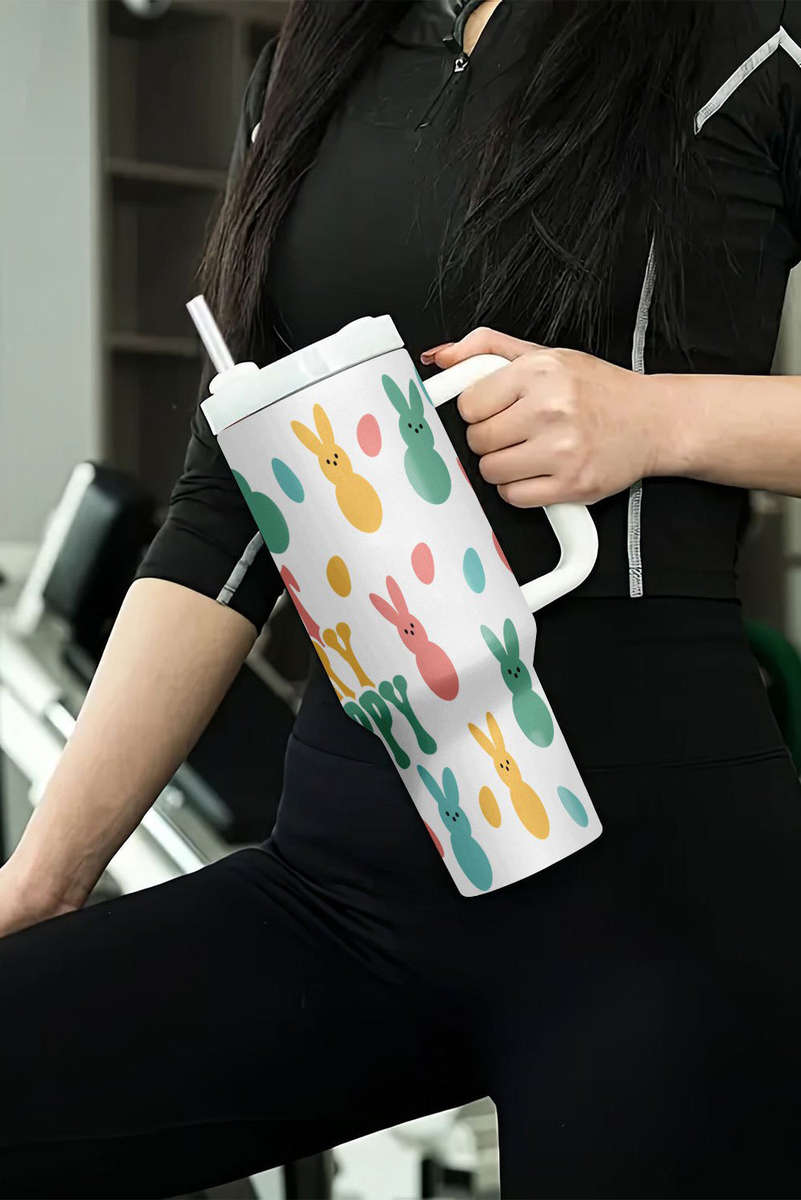 White DONT WORRY BE HOPPY Bunny Print Thermal Tumbler 40oz