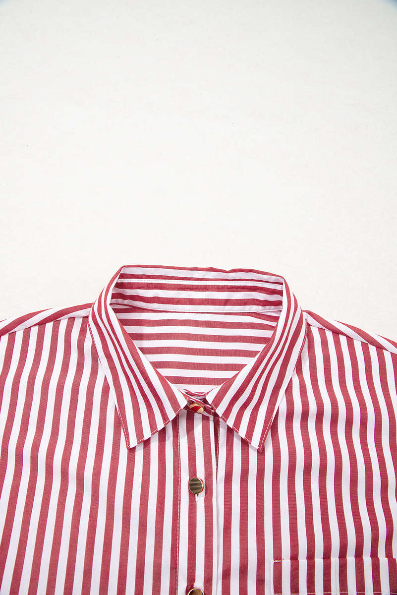 Red Stripe Patched Pocket Side Slit Loose Shirt