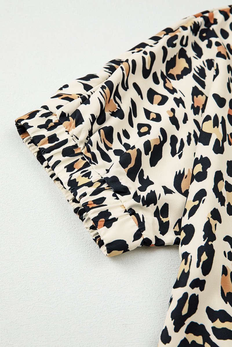 Khaki Leopard Color Block Contrast Striped V Neck Half Sleeve Loose Fit Blouse