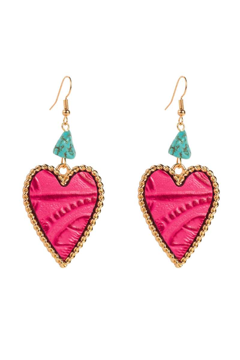 Rose Red Playful Heart Dangle Turquoise Detail Open Hook Earrings