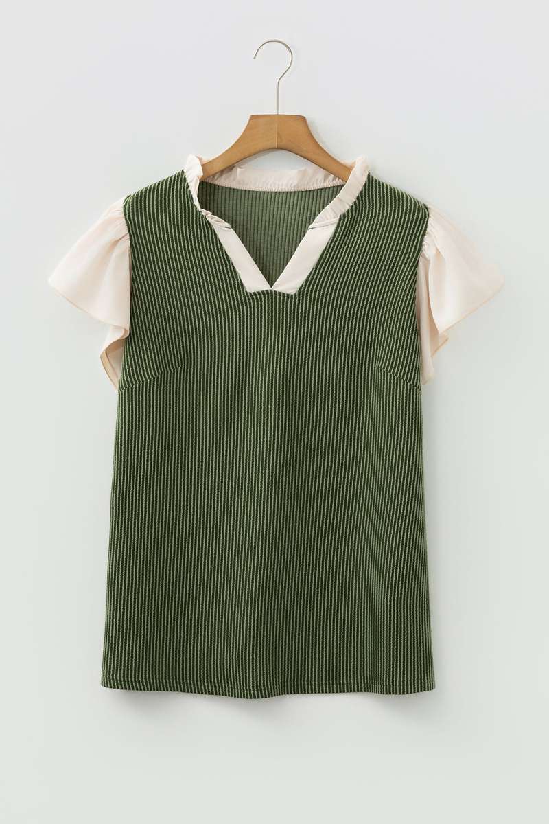 Vineyard Green Plus Size Contrast Frilled Neckline Ruffled Short Sleeve Ribbed Textured Blouse
