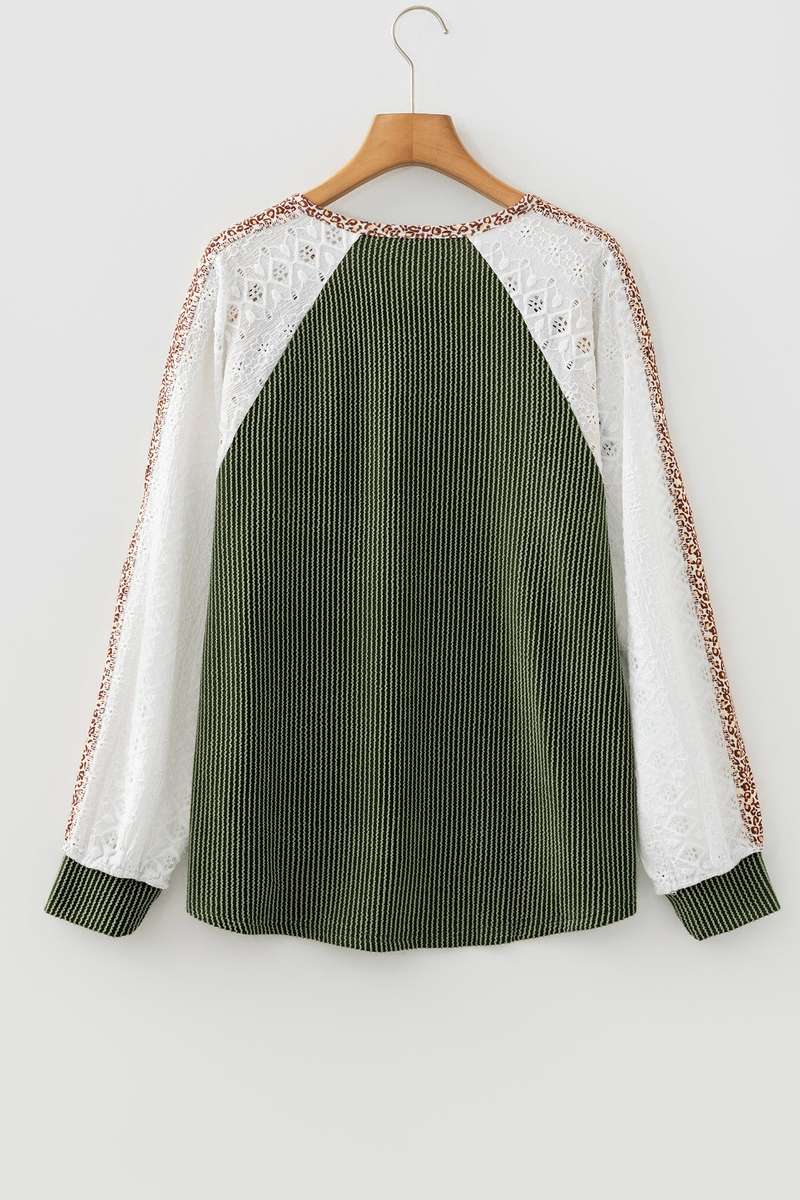 Vineyard Green Twisted Ribbed Leopard Lace Contrast Patchwork Long Sleeve Top