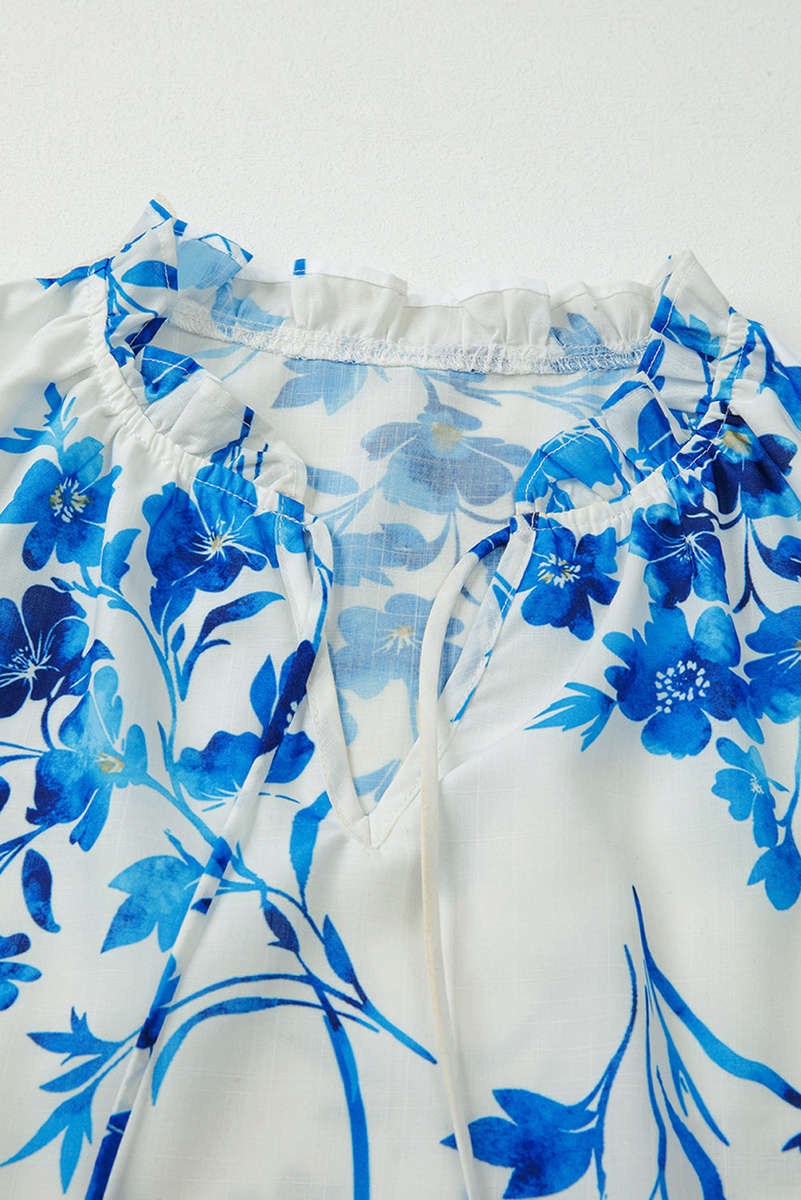 Blue Floral Long Sleeve Lace-up V Neck Blouse