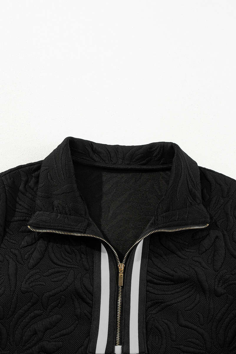 Black Jacquard Textured Quarter Zipper Shift Mini Dress