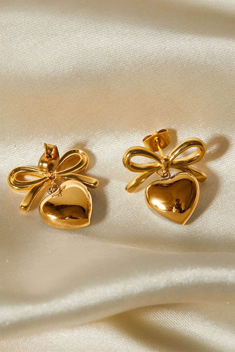 Gold Plated Valentines Heart and Bow Studded Earrings
