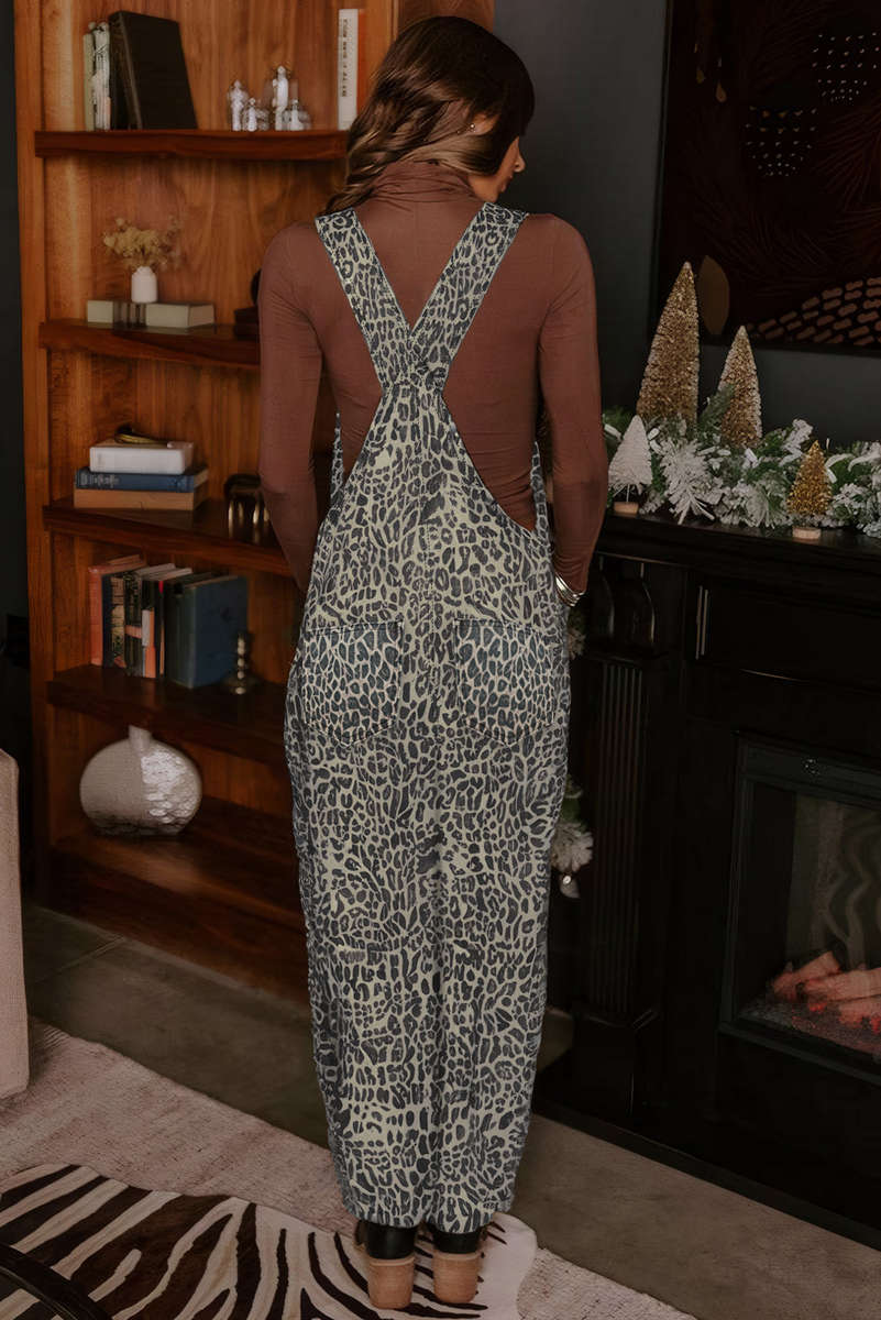 Brown  Leopard Print Straight Leg Loose Denim Overall Jumpsuit