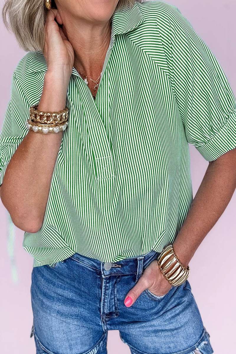 Mint Green Striped Print Collared Split Neck Half Sleeve Blouse