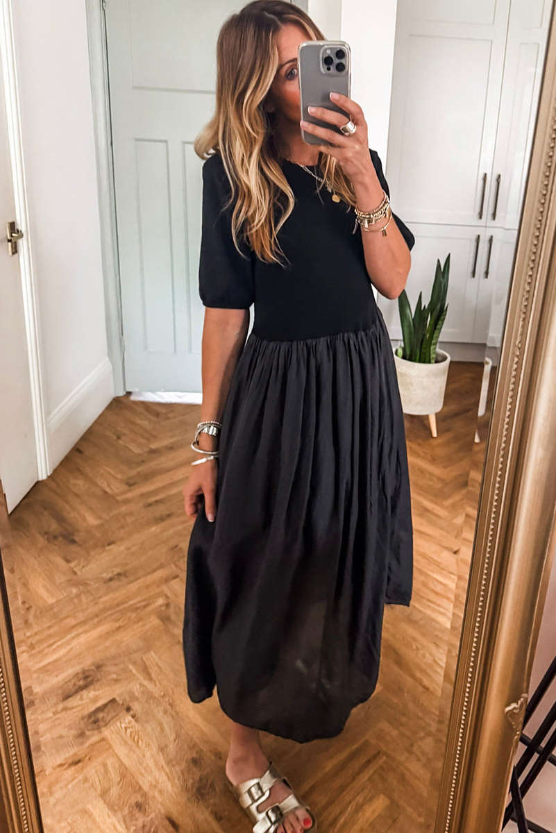 Black Short Sleeve Knit Top Patchwork Pleated Long Dress