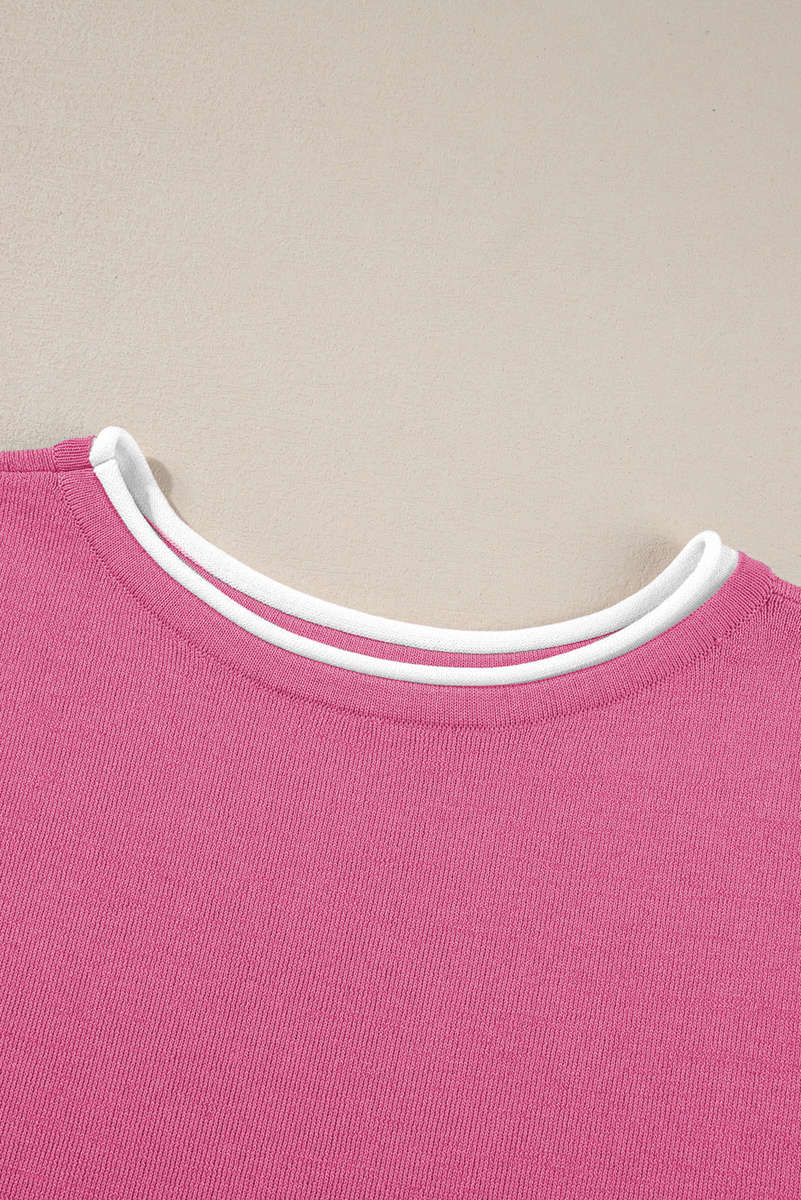 Bright Pink Contrast Trim Half Sleeve Top Drawstring Pants Loose 2pcs Sweater Suit