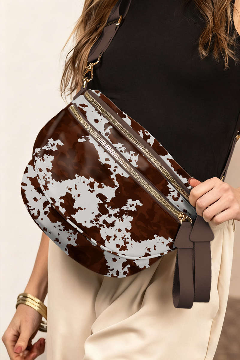 Coffee Cow Spots Printed Double Zip Crossbody Bag
