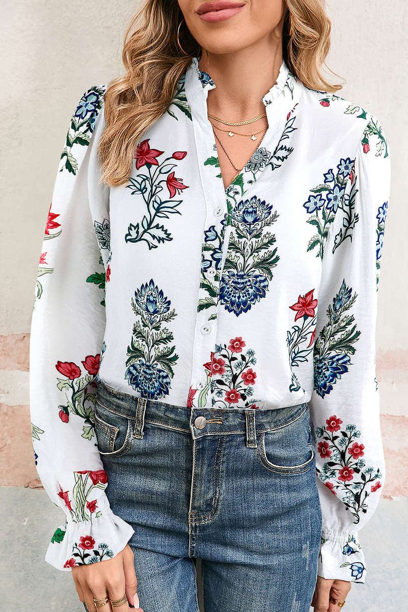 White Floral Print Frilled Collar V Neck Button Down Long Sleeve Shirt
