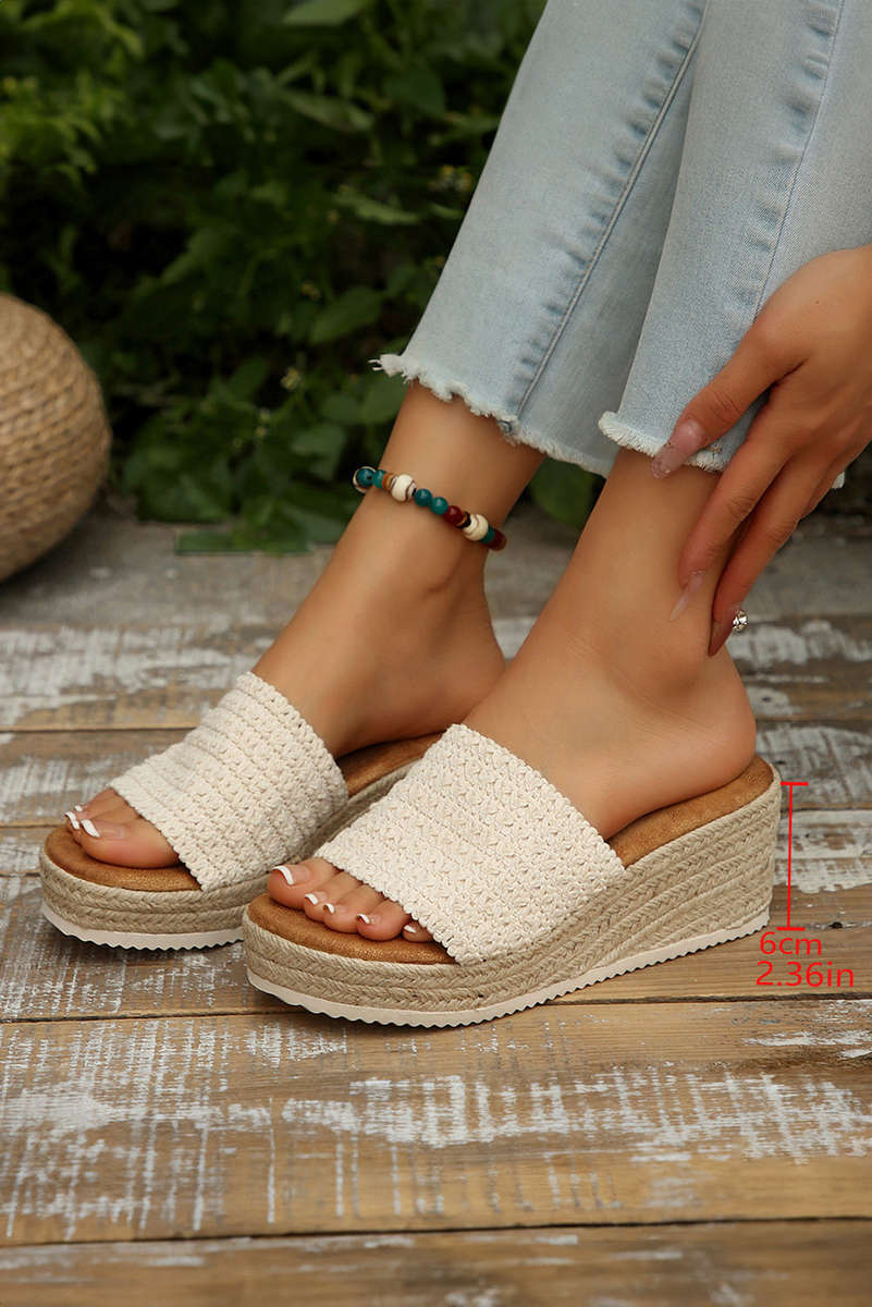 White Woven Wide Band Platform Slippers