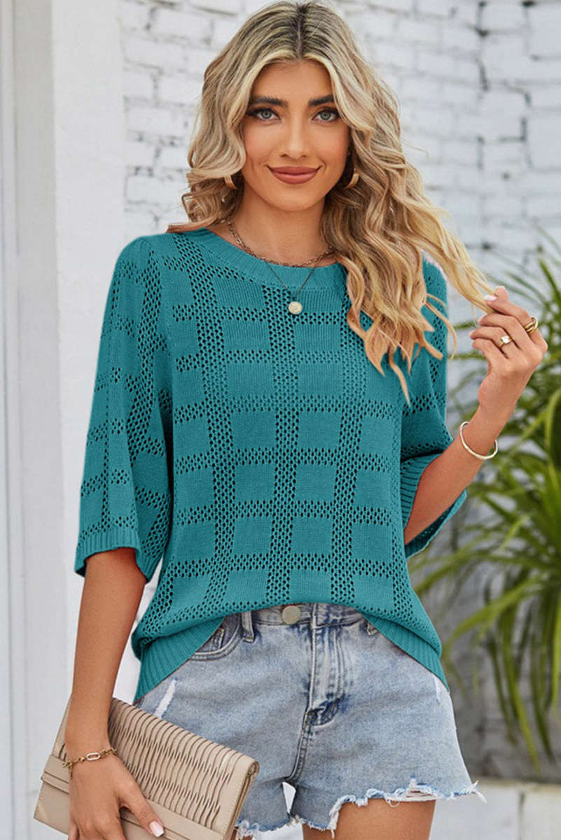 Skobeloff Plaid Pattern Crochet Knit Short Sleeve Sweater