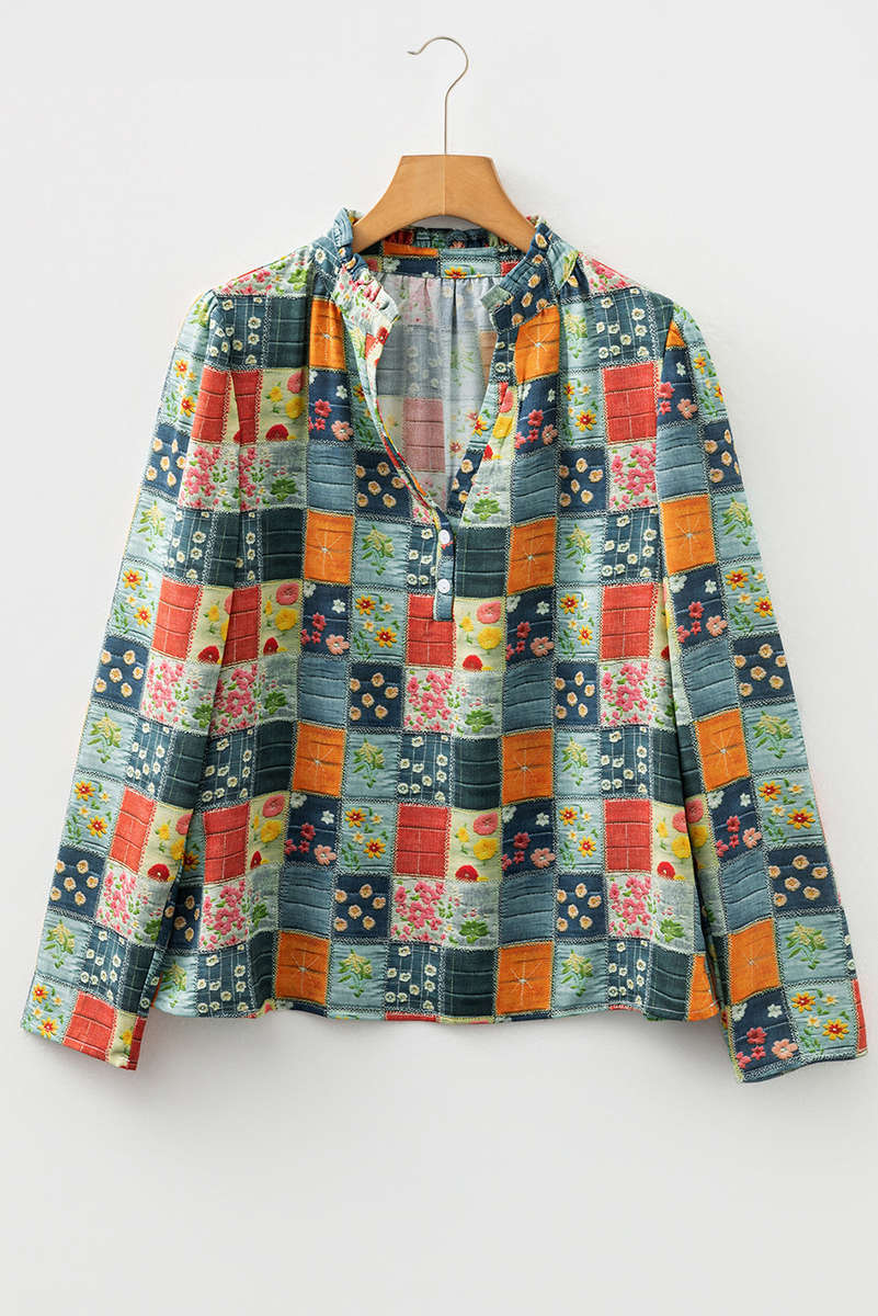 Sky Blue Fall Floral Half Placket Collared V Neck Blouse