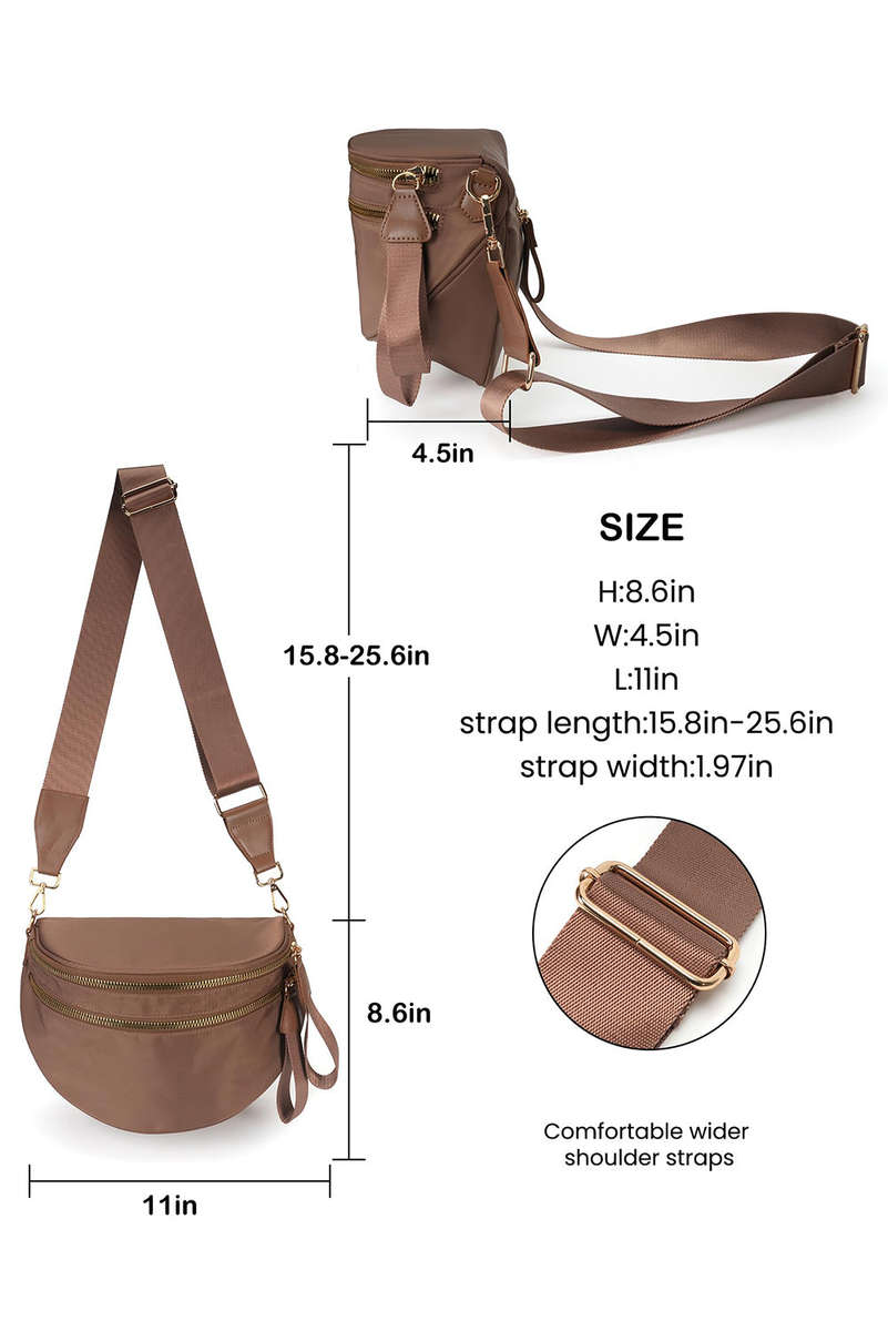 Camel Double Zip Crescent Shape Adjustable Sling Bag