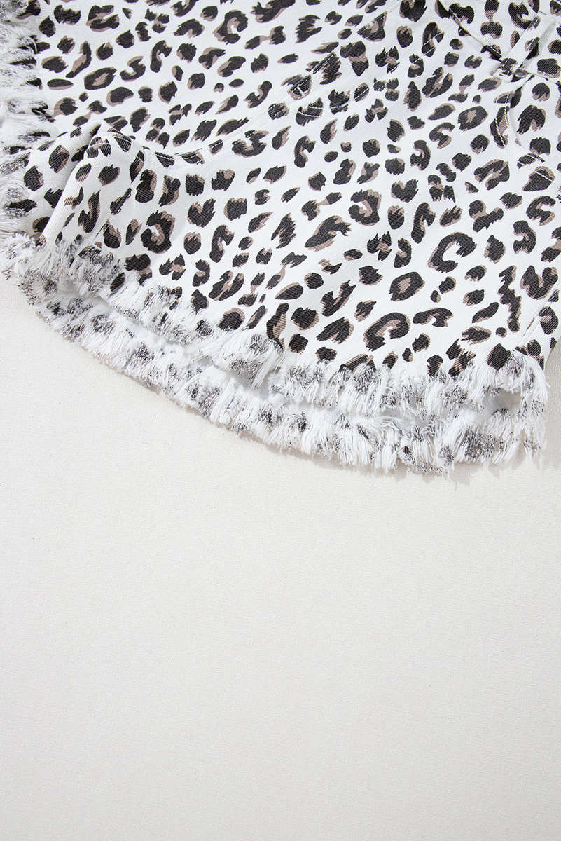 White Leopard Frayed Hem Denim Shorts