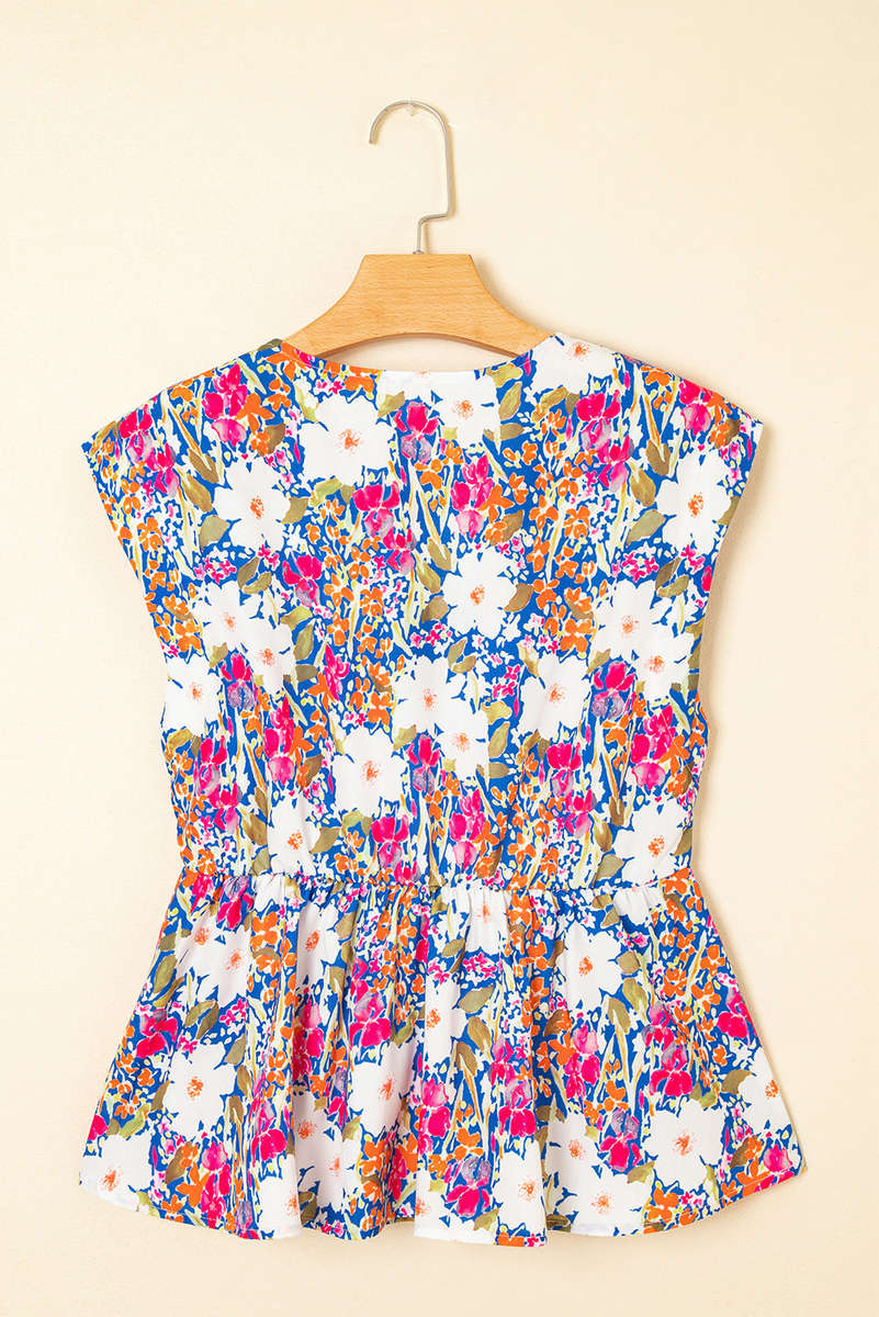 Rose Green Floral Print Bow Applique Slit Sleeveless Peplum Blouse