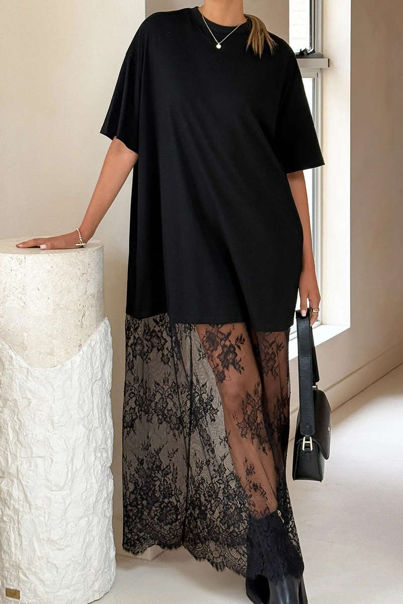 Black Floral Patchwork Short Sleeve T Shirt Loose Maxi Dress