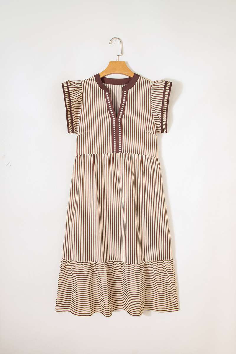 Brown Stripe Double Ruffled Short Sleeve Contrast Trim V Neck Midi Dress