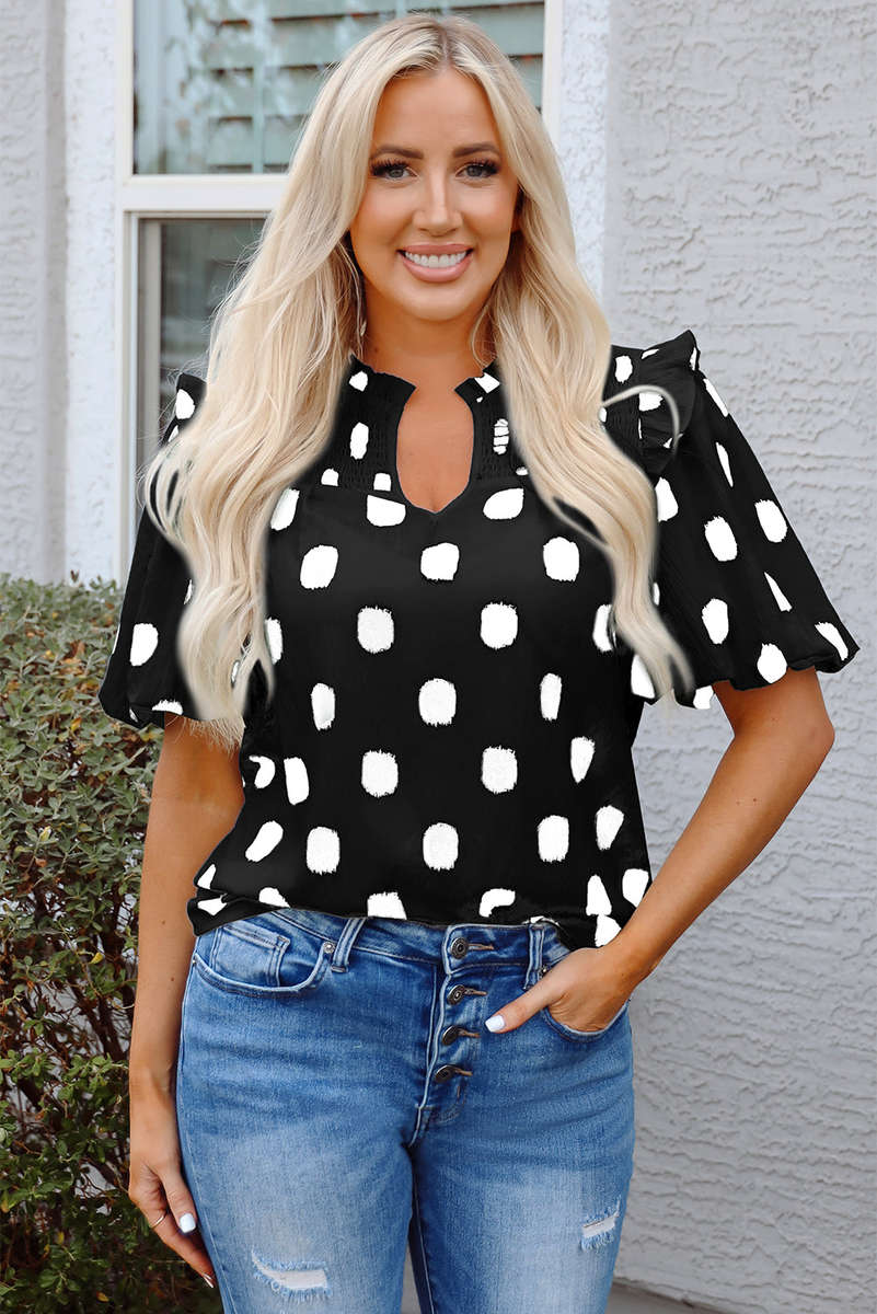 Black Polka Dot Print Shirred Yoke Notched Neck Balloon Sleeve Blouse