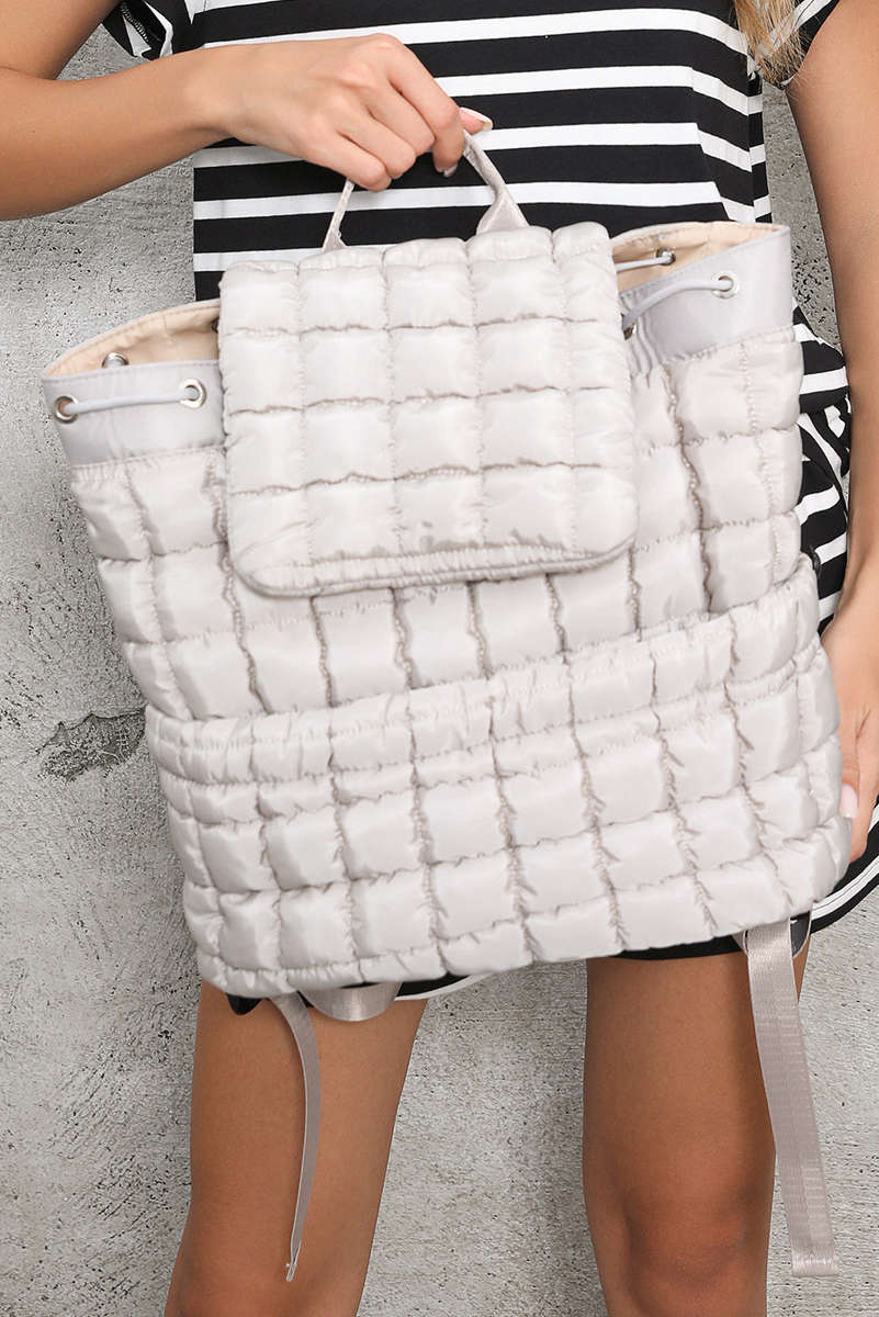 Medium Grey Solid Flapped Quilted Puffer Backpack