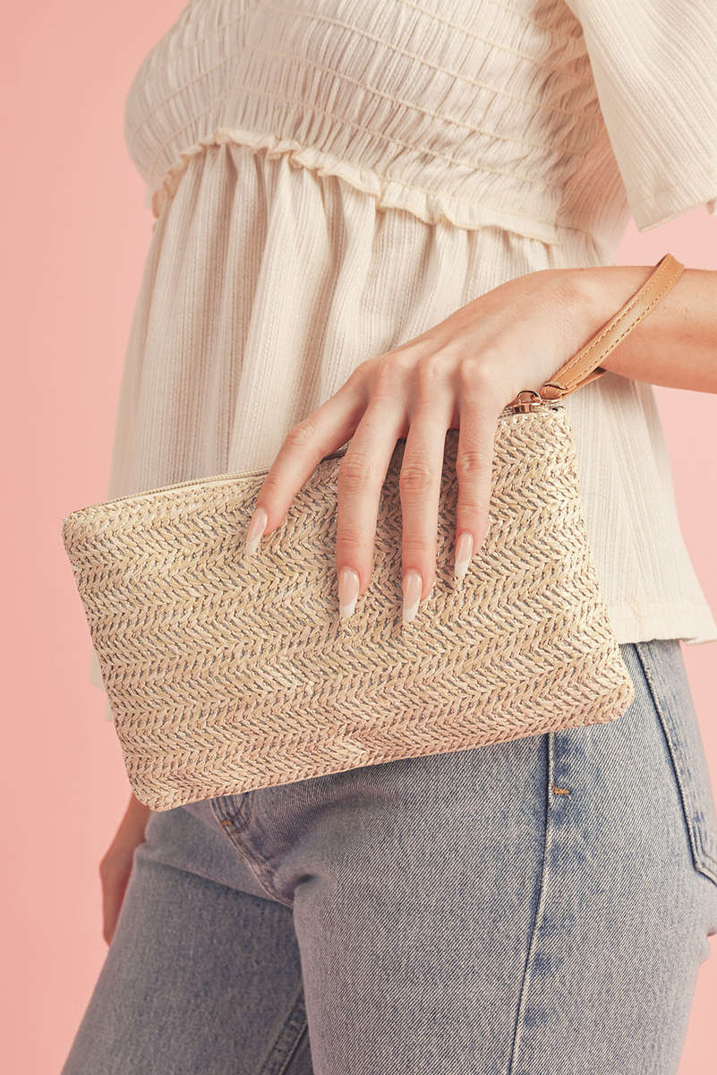 Oatmeal Straw Woven Wrist Strap Zipper Large Wallet
