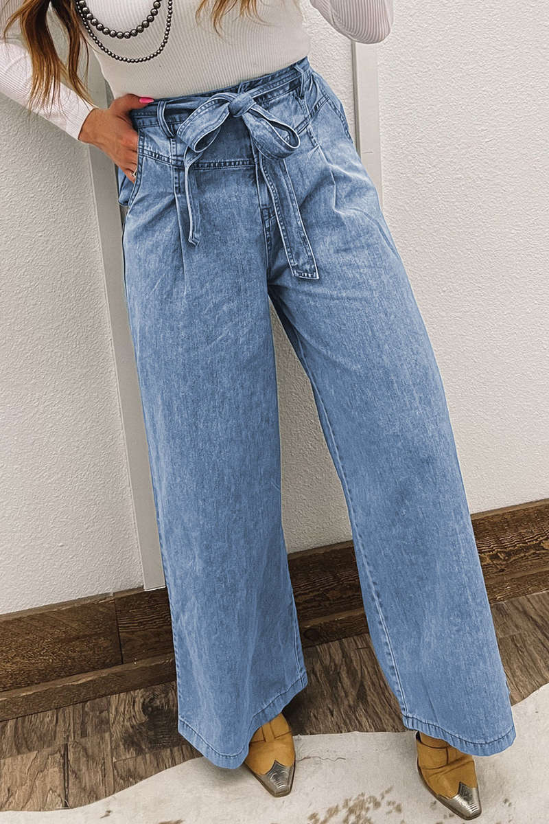 Beau Blue Western Washed Bow Knot Sash Wide Leg Jeans