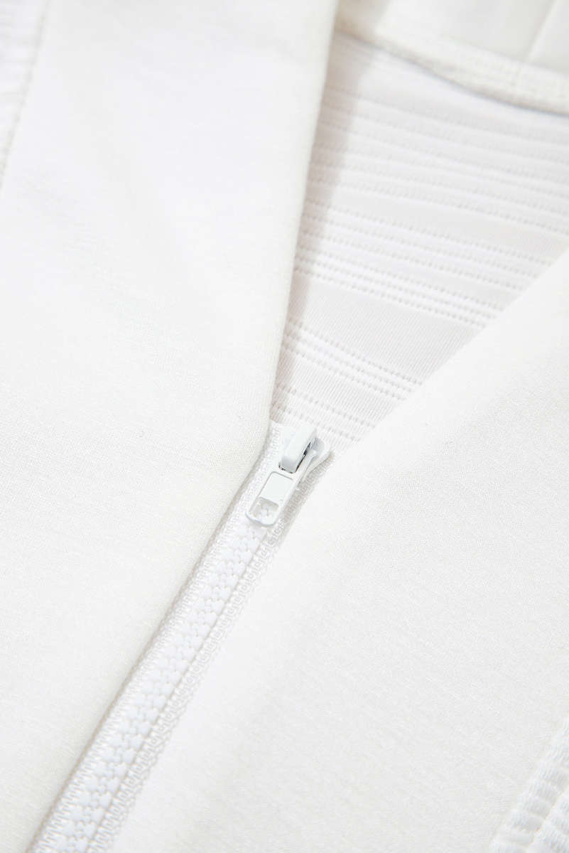 White Solid Color Textured Zip V Neck Pullover Sweatshirt