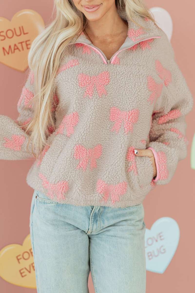 Gray Bow Sherpa Quarter Zip Drop Shoulder Baggy Sweatshirt