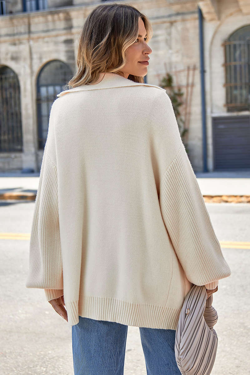 Beige Solid Color Knit Lapel Collar Single Button Sweater Cardigan
