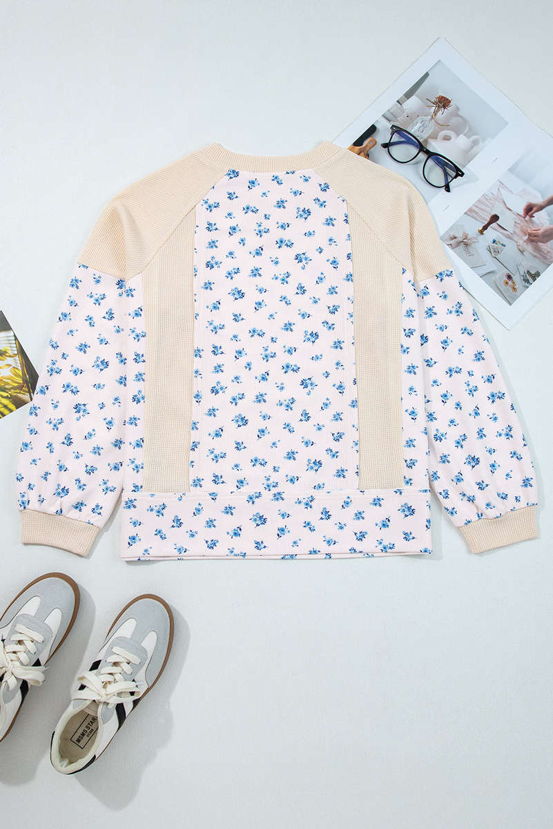 Beige Waffle Knit Floral Color Block Patchwork Balloon Sleeves Oversized Top
