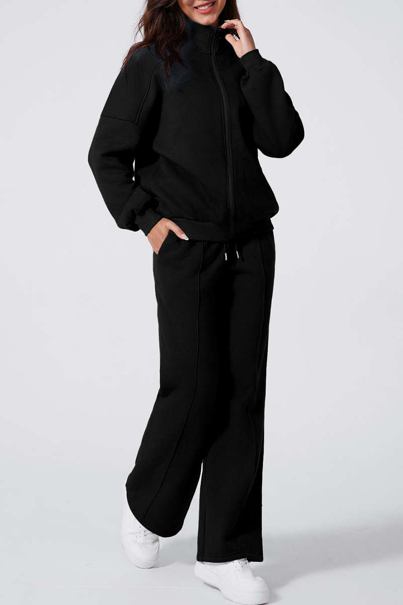Black Drop Shoulder Zip Up Jacket Drawstring Pants Active 2pcs Set