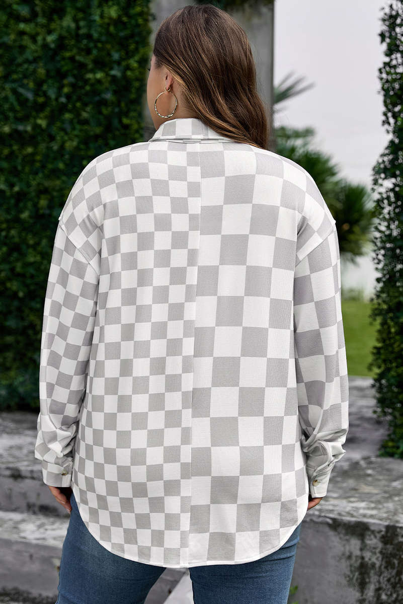 Khaki Plus Size Checkered Buttoned Down Casual Western Jacket