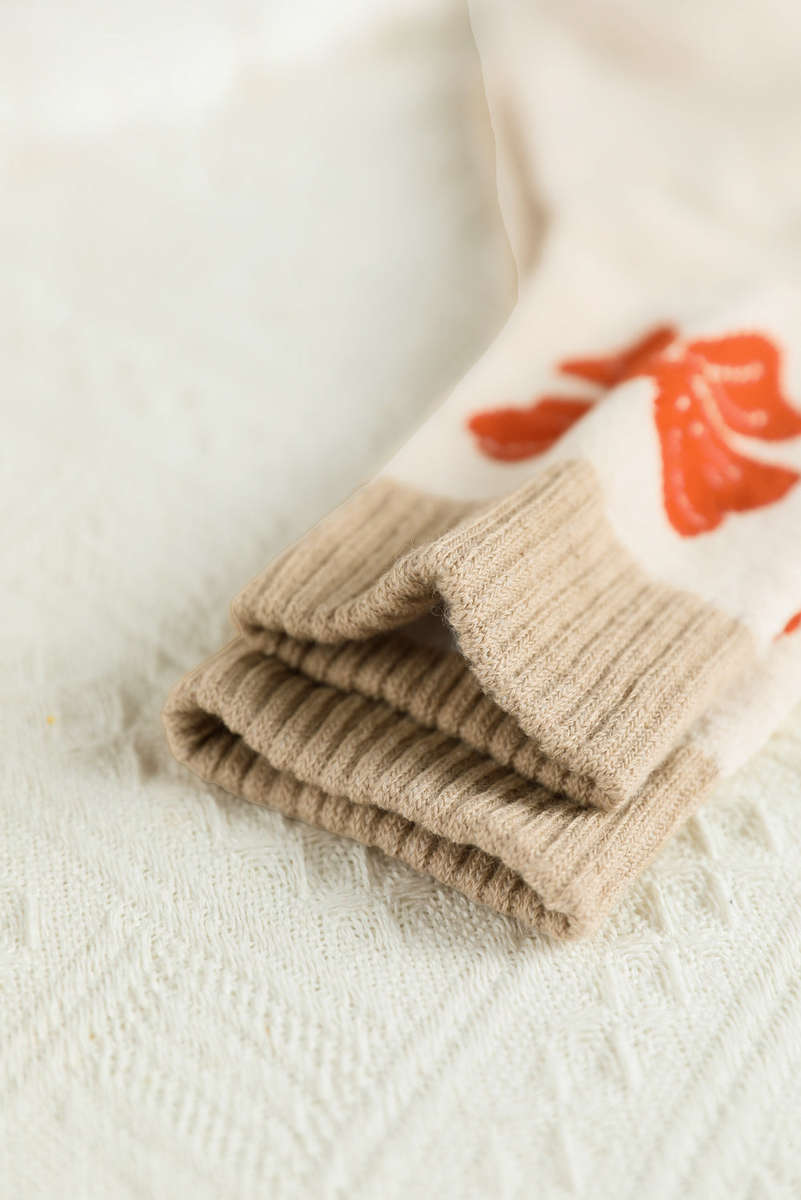 Khaki Bow Printed Color Block Knit Womens Socks