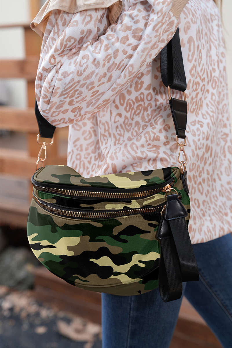Four Leaf Clover Camouflage Print Gold Chain Strap Double Zipper Crossbody Bag