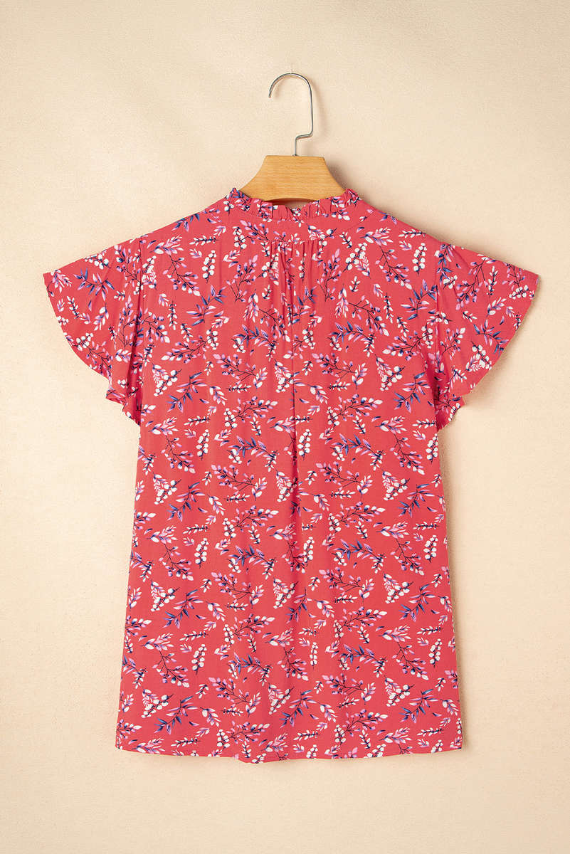 Red Floral Tie Split Neck Short Flounce Sleeve Crinkled Blouse