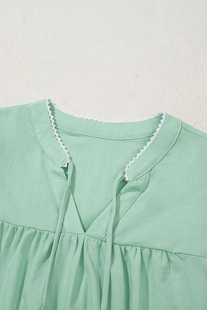 Clearly Aqua Floral Embroidered Puff Sleeve Split Neck Blouse