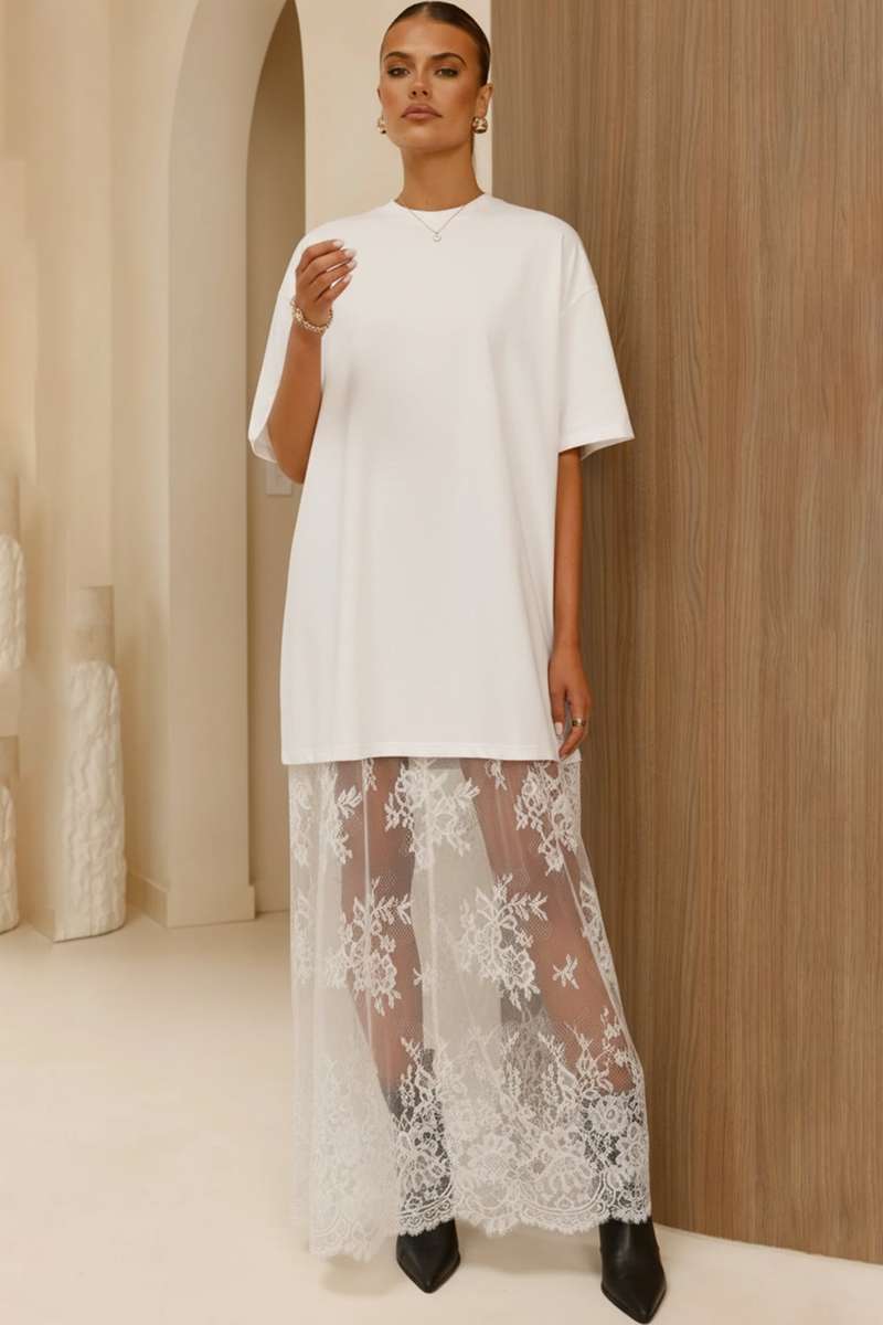 White Floral Patchwork Short Sleeve T Shirt Loose Maxi Dress