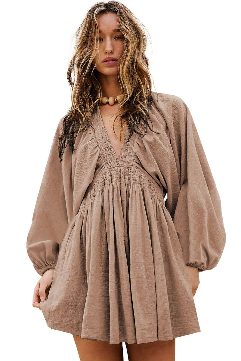 Smoke Gray Deep V Neck Bubble Sleeve Smocked Mini Dress