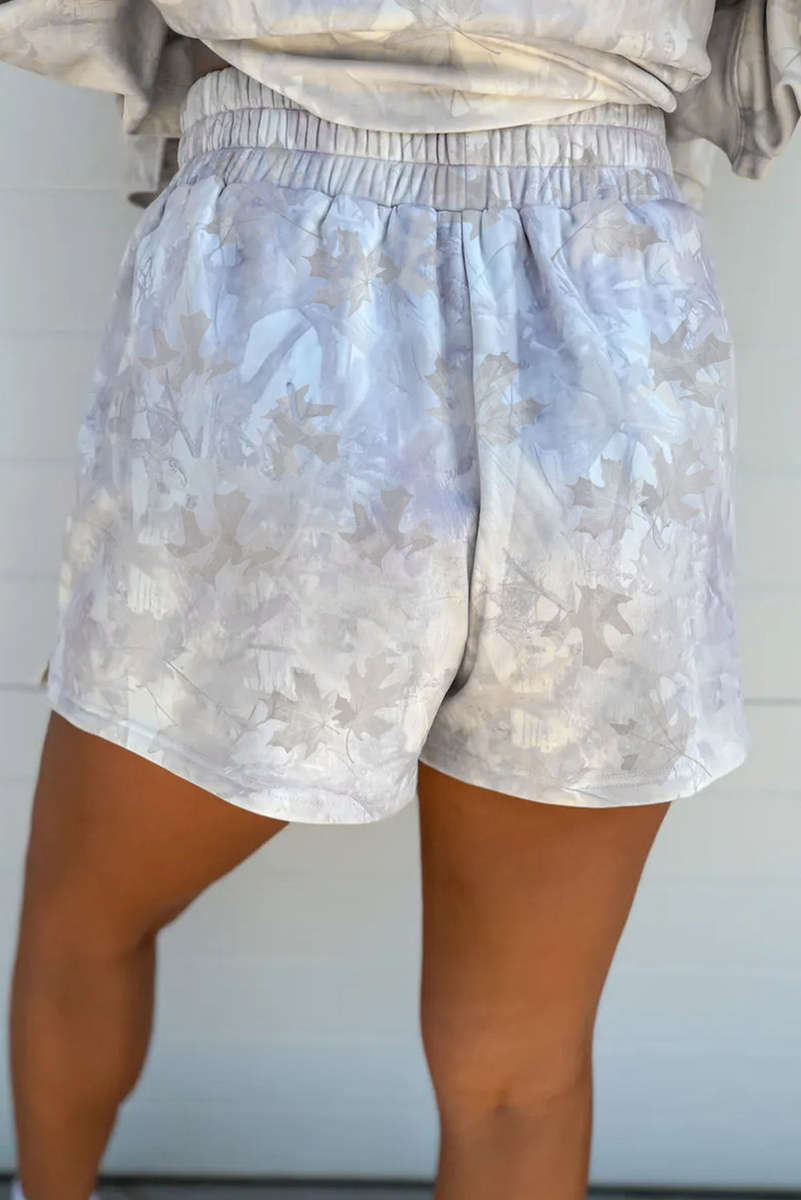 Beige Camo Print Pullover Top and Elastic Waist Casual Short Set