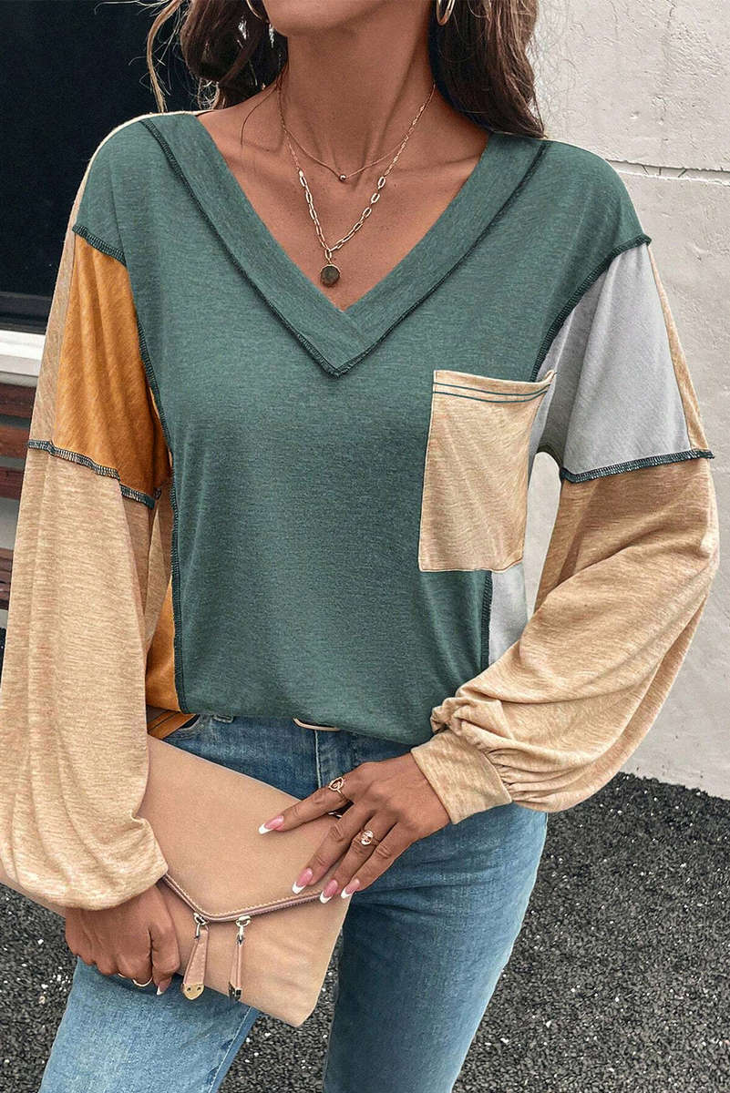 Four Leaf Clover Exposed Stitching Colorblock V Neck Long Sleeve Top