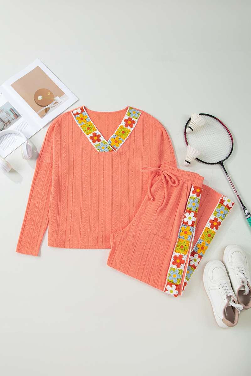 Grapefruit Orange Crochet Floral Accent V Neck Textured Pants Set
