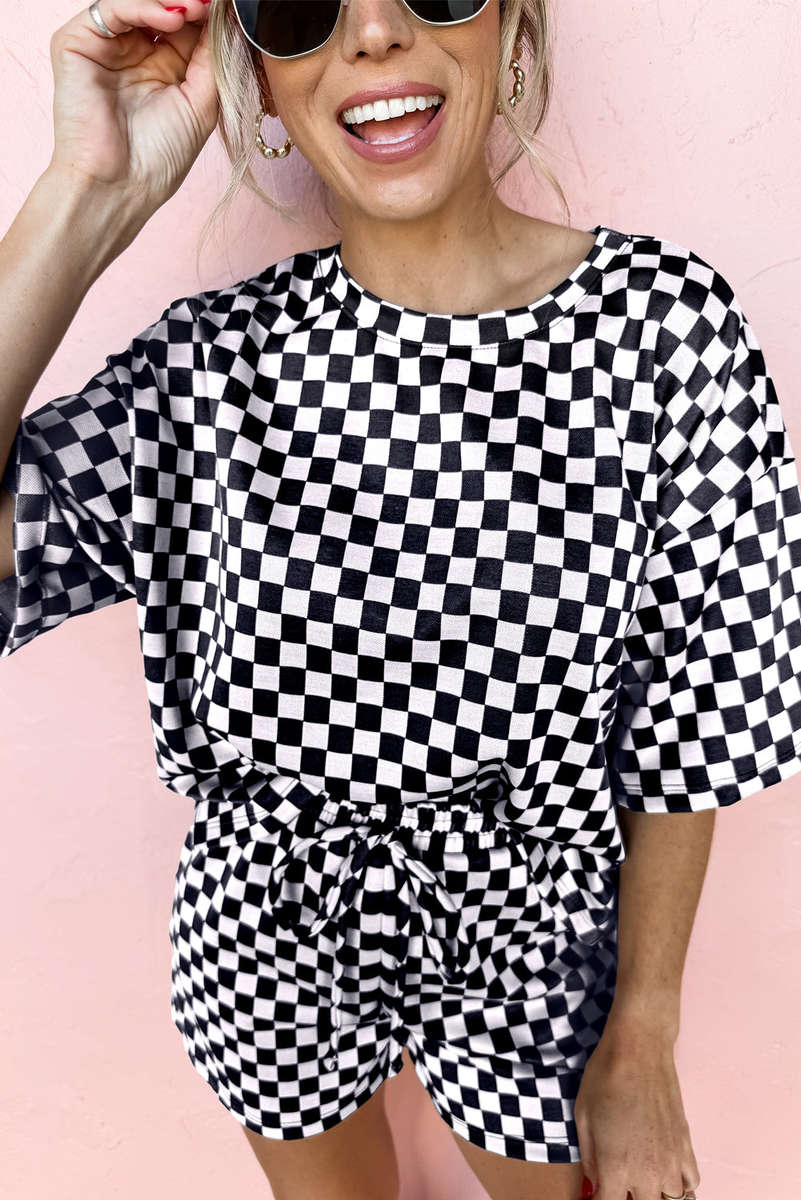 Black Checkered Top and Short Casual 2pcs Set