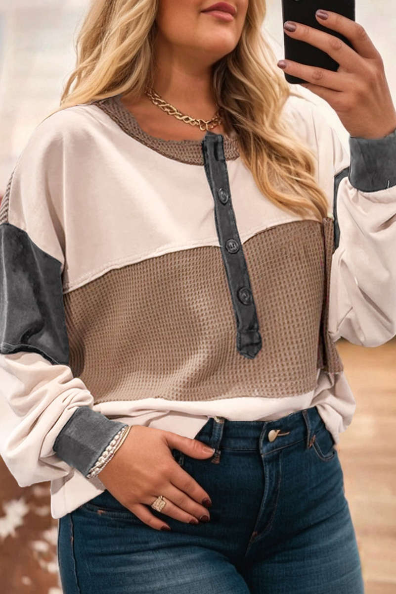 Jet Stream Waffle Patchwork Colorblock Half Buttons Casual Plus Size Knit Jumper