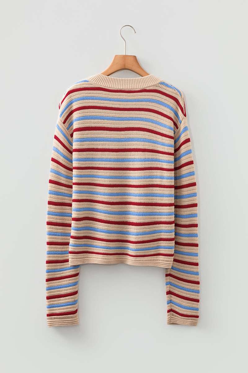 Khaki Stripe Drop Shoulder Cropped Long Sleeve Fall Sweater