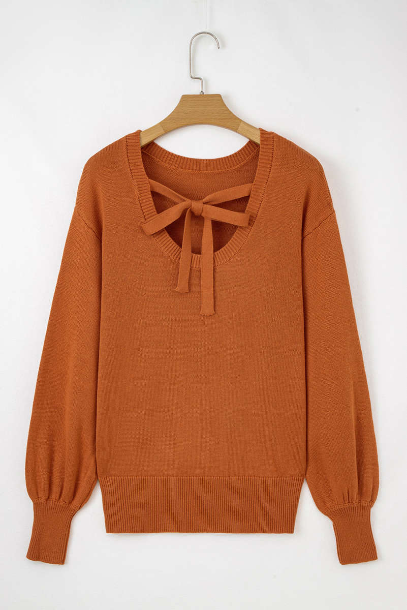 Gold Flame Solid Color Ribbed Trim Drop Shoulder Sweater