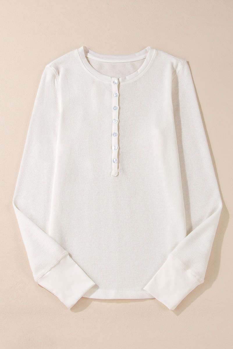 White Solid Color Waffle Half Button Long Sleeve Top