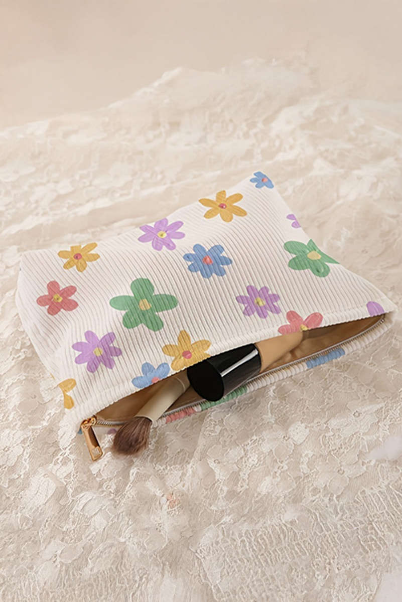 White Flower Print Rib Textured Large Cosmetic Bag